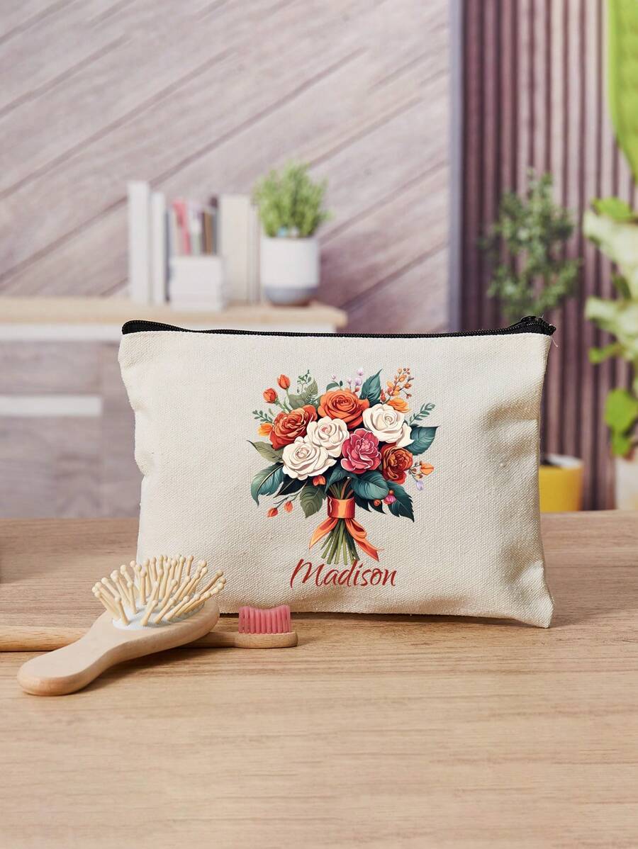 Túi đựng đồ trang điểm màu trắng có tên tùy chỉnh – Túi đựng mỹ phẩm có khóa kéo với họa tiết hoa và dụng cụ, phông chữ nghệ thuật được cá nhân hóa – Thêm biệt danh, tên bạn bè hoặc câu trích dẫn yêu thích – Hoàn hảo cho Ngày của Mẹ, Tốt nghiệp, Du lịch mùa xuân, Công việc, Trường học, Chuyến công tác, Sinh nhật & Ngày lễ - Nhiều màu - Xem 1