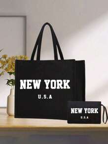 "NEW YORK" Lettering Printing Tote Bag And A Printed Small Bag,Personalized Gift Package,Linen Black Tote Bag With Black Buckle, Black Handbag, Shoulder Bag, Commuting Bag,Combination Of Small And Large Bags, Suitable For Weddings, Birthdays, Beaches, Holidays, Making It The Perfect Gift For Women, Mothers, Teachers, Friends, Bridesmaids, Big Bags, Students, And Returning To School,Christmas, Thanksgiving, And New Year Gifts