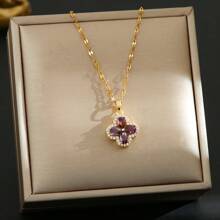 1 pièce Collier pendentif en acier inoxydable plaqué or 18 carats avec trèfle à quatre feuilles sertis, style minimaliste, convient pour les soirées, les rendez-vous, les femmes actives