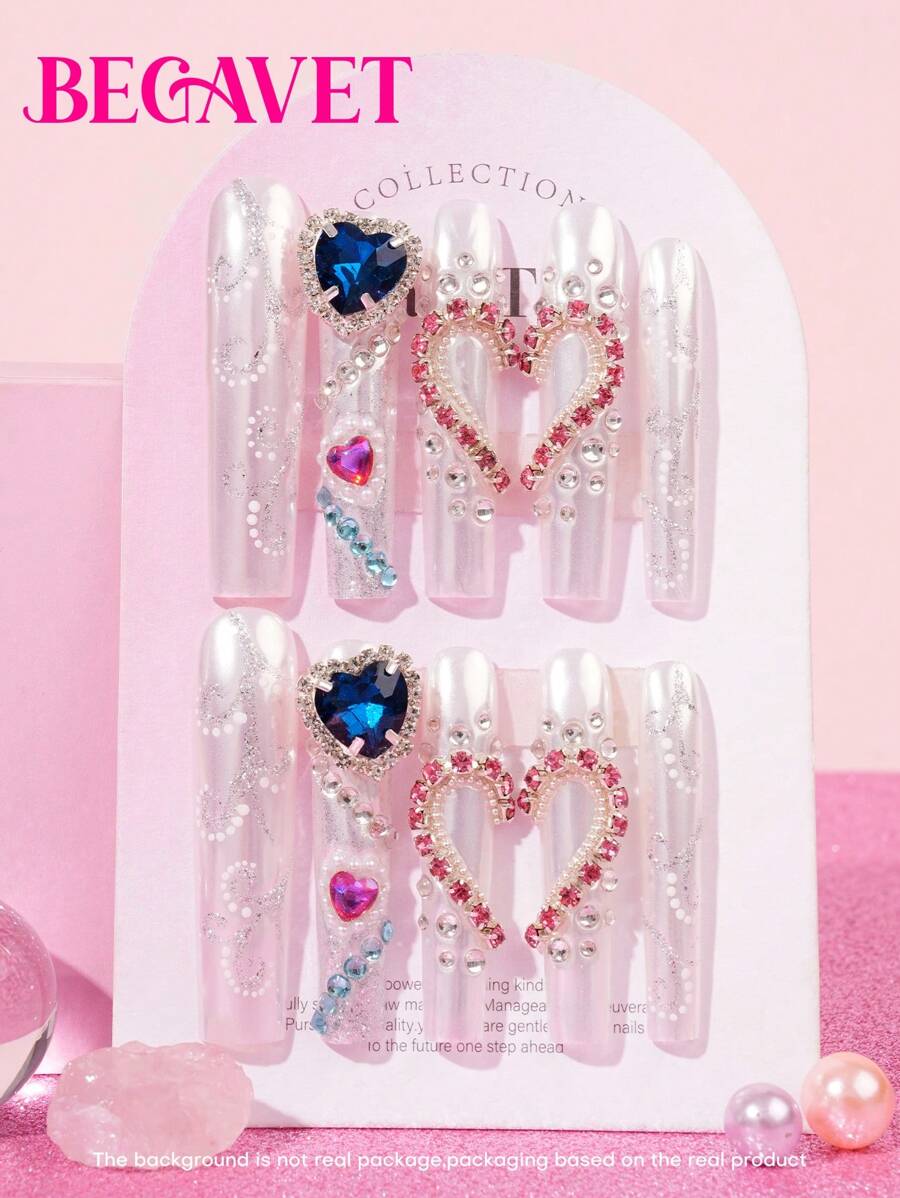 BEGAVET 全新春夏系列婚礼指甲镀铬风格 10 件装手工沙龙品质美甲按压指甲超长独家设计 3D 指甲带 3D 饰品，适合新年派对/音乐节和日常佩戴