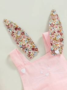 Mono casual de verano para bebé niña, sin mangas, con estampado floral y orejas de conejo, con gorro de dibujos animados. - Rosa - Ver 4
