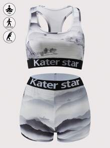 [Ink Style Series]Women's Letter Print Sports Bra And Pantines Set Lingerie