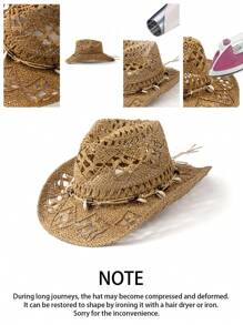 1pc Shell Decor Bohemian Style Beaded UV-Protection Straw Panama Hat, Handmade Versatile Beach Hat, Suitable For All Seasons - White - View 6