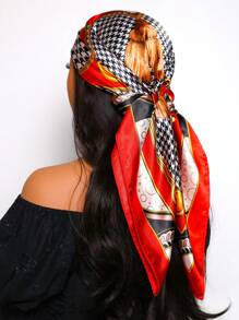 1pc Women's Elegant Simple Houndstooth Print 90cm Satin Square Scarf, Suitable For Casual Wear And Street Styling As Scarf, Headband Or Headwrap