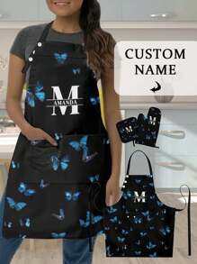 3Pcs Customized Kitchen Apron Set - Personalized Apron, Oven Mitt, Heat Resistant Pad, Applicable For Cooking, Industrial Production, Household Daily Activities, Outdoor BBQ, Hand/Machine Washable, Multiple Colors Available, Great Gift For Her/Him On Birthday, Anniversary, Christmas - Multicolor - View 3