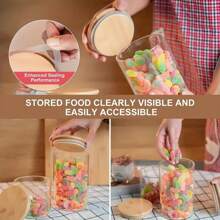 12 件/套玻璃储物罐厨房食品储存容器圆形透明玻璃调味罐套装带竹盖 - 密封，带盖糖果罐，带密封竹木盖的食品储存容器，便携式透明食品罐，用于茶、咖啡豆、糖、糖果、饼干、香料、家庭厨房用品，珍珠防撞包装