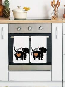 2pcs Animal Pattern Kitchen Towels, Suitable For Home, Kitchen, Dining, Party Decor, Cute Dachshund Silhouette Design - White - View 3