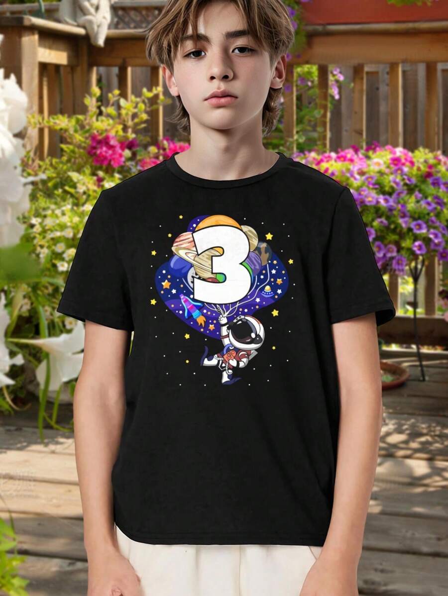 Kids' Astronaut T-Shirt Space Theme Birthday Shirt Outer Space Party Tee Youth T-Shirt For Boys Girls (6-7 Years) 3rd Birthday Gift - 黑色 - 查看 1