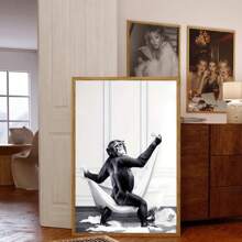 1pc, Canvas Hanging, Framed Decorative Painting, Poster, Wall Art, Monkey Taking Bath Canvas Art Print, Wall Hanging Decoration, Animal Themed Canvas Ink Artwork For Home Office, Bathroom, Living Room - Decorative Art, Modern Vintage Style, Black And White Cartoon Chimpanzee Poster Gifts Birthday Graduation