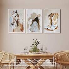 3 件/套，帆布挂画，带框装饰画，海报，墙壁艺术，西方艺术，马和女牛仔，牛仔靴，牛仔水彩画，西方油画风格，适用于家庭墙壁装饰 - 彩色 - 查看 12