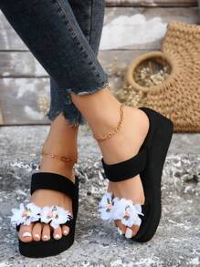 Mother's Day Best Choice, Love For Mom, Mothers Are As Beautiful As Flowers, Women's Thick Sole Slide Sandals, 3D Floral Decor Platform Sandals, Ladies Slippers, Comfortable Soft Beach Open Toe - Black - View 6