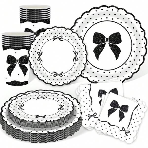 Black Bow Tableware Set Bow Birthday Party Supplies Conquette Birthday Decorations Includes Pink Bow Paper Plates Cups And Napkins Pink Bow Theme Tableware Birthday Party Supplies Bow Birthday Party Decor