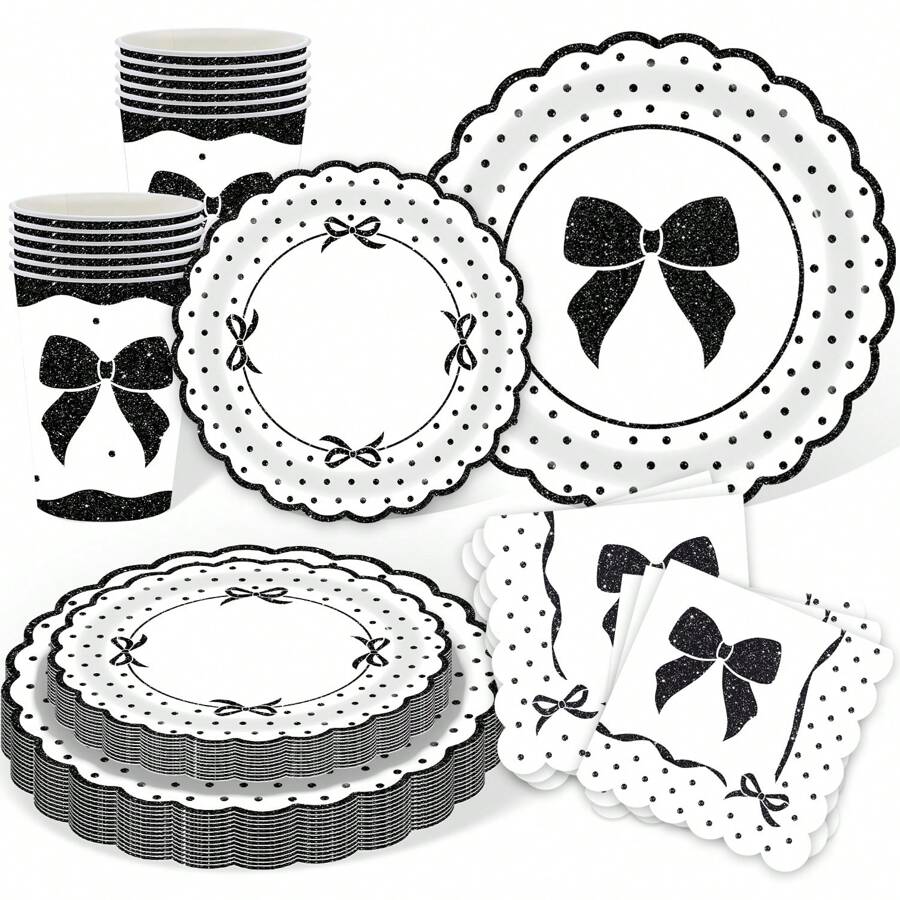 Black Bow Tableware Set Bow Birthday Party Supplies Conquette Birthday Decorations Includes Pink Bow Paper Plates Cups And Napkins Pink Bow Theme Tableware Birthday Party Supplies Bow Birthday Party Decor - Black - View 1