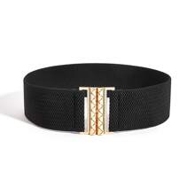 新款弹力腰带，时尚瘦身腰带，适合连衣裙、外套、西装，纯色几何图案金属扣腰带 - 白色 - 查看 2