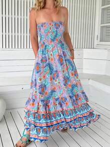 无袖紫色花卉印花分层荷叶边下摆口袋波西米亚风连衣裙，夏季 - 紫丁香色 - 查看 3