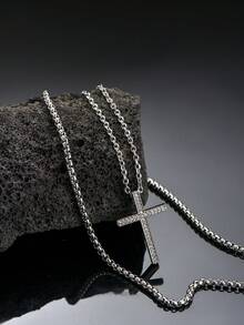 Bộ 2 dây chuyền thép không gỉ, mặt dây chuyền thánh giá cổ điển khảm đá Zirconia đồng hai lớp dành cho nam - Bạc - Xem 2
