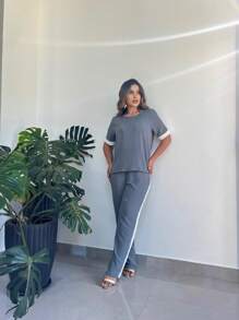 Conjunto Feminino Calça Pantalona e blusa manga curta Verão - Cinza - Visão 4