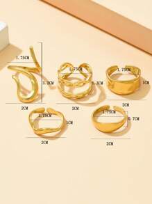 5 Stücke/Set asymmetrischer offener Boho-Stil Ring Set, verstellbare Ringe aus rostfreiem Stahl mit luxuriösem metallischen Gefühl, 18k vergoldet, nicht verblassender Schmuck für Frauen, zum Tragen auf Partys