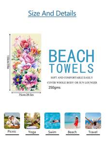 1pc Prachtige Bloemen Stranddeken, Extra Zachte Microvezel Extra Grote Strandhanddoek, Zeer Absorberende Badhanddoek, Geschikt Voor Reizen, Zwembad, Duiken, Surfen, Yoga, Kamperen, Verschillende Maten, Strandaccessoires Zomer, Vakantie