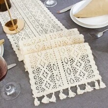 1pc American Country Style Handmade Lace Tassel Table Runner, Decorative For Kitchen, Wedding, Party, Living Room, Dresser