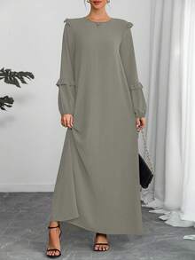 Casual Patchwork Lantern Sleeve Ruffle Hem Arabian Dress, Modest - Green - View 4