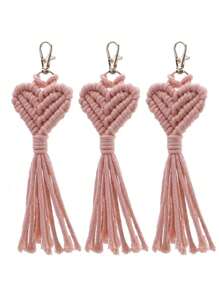 3pcs Heart-Shaped Pendant Keychains For Women Handmade Macrame Key Chains Rings Cute Car Keyring Wedding Accessories Gift - Multicolor - View 5