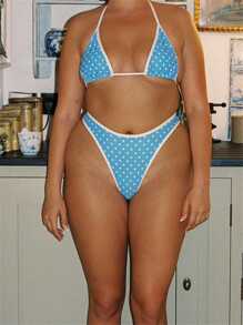 Women 2-Piece Swimsuits Floral/Dot Prints Backless Halter Bikini Bra And Briefs Sets For Summer Beachwear Bathing Suit - Blue - View 1