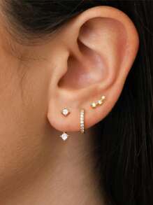 4 piezas Pendientes de cartílago para mujer de plata y oro, pendientes planos para tragus, helix, joyería para perforaciones, hipoalergénicos, pendientes apilables, pendientes de botón de oro para mujeres, pendientes para mujeres, pendientes de espalda plana, pendientes para el segundo orificio para mujeres