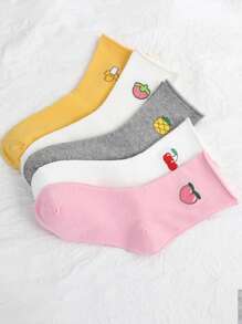 5 Pairs Women Casual Crew Socks With Cute Fruit Print & Letter Design, Comfortable & Versatile, Suitable For Daily Wear, Commute And All Seasons