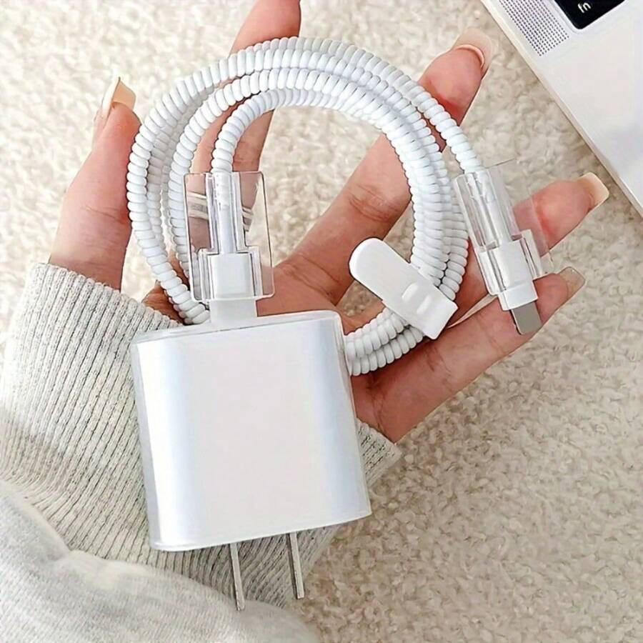 1組粉色印花小愛心透明充電器保護套，防摔防碎防氧化防髒防刮，溫柔風格充電器保護套，適用於Apple 18W/20W快充頭所有型號，送給女友的小眾溫柔禮物 - 時尚之心 粉紅色 - 查看 1