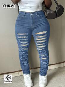 American Street Style New Daily Basic Slimming Ripped Ripped Women's Plus Size Jeans - Medium Wash - View 6