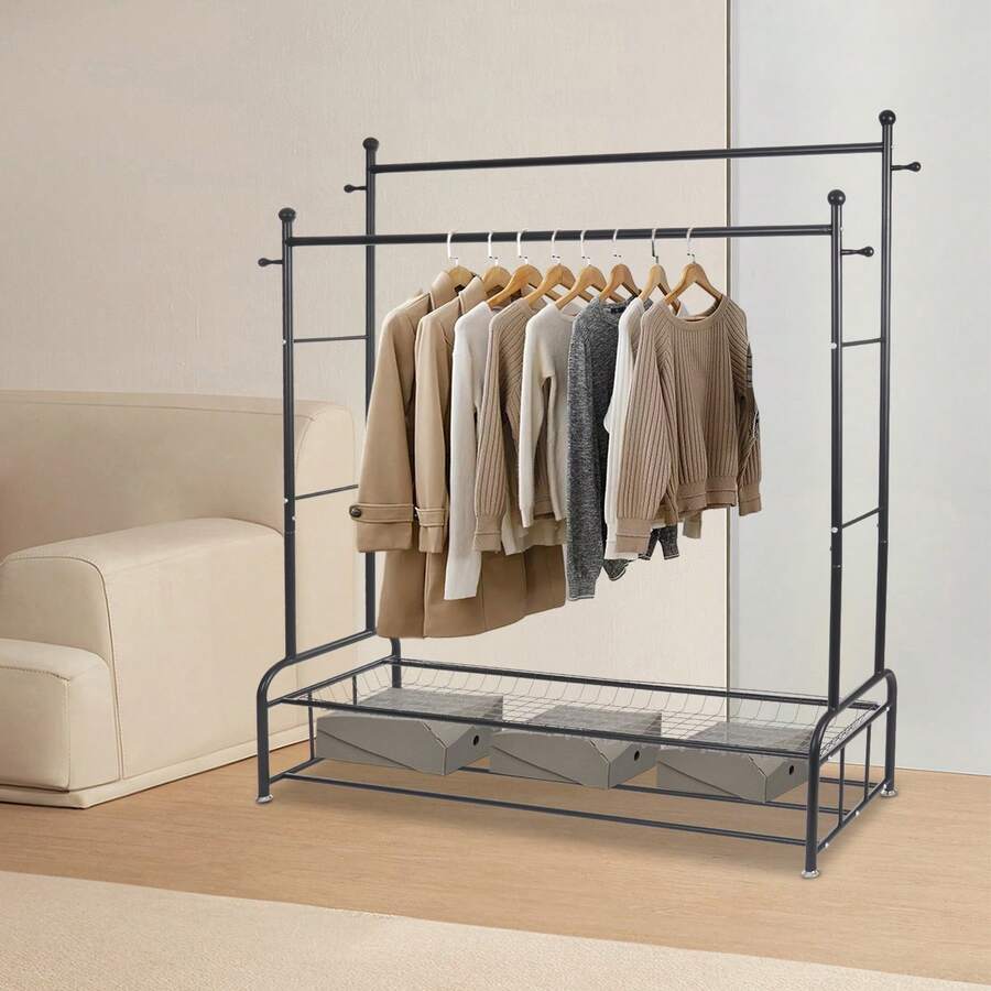 YUNRUX 4-Hook Home Clothes Rack Floor Standing Clothes Rack Wardrobe Rack Black