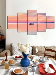 5pcs/Set Travel Posters,Wall Art With Frame,Ready To Hang,Colorful Coastal Pier Sunset Canvas Wall Art,The Bridge Into The Sea,Sailboat Sunset Reflection Boat Multipanel Travel Wall Decoration,For Bedroom Living Room Corridor, Home Decoration Gift For Him For Her,Coastal Summer Decor