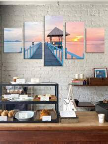 5pcs/Set Travel Posters,Wall Art With Frame,Ready To Hang,Colorful Coastal Pier Sunset Canvas Wall Art,The Bridge Into The Sea,Sailboat Sunset Reflection Boat Multipanel Travel Wall Decoration,For Bedroom Living Room Corridor, Home Decoration Gift For Him For Her,Coastal Summer Decor