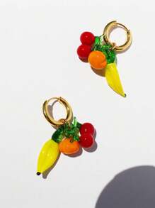 2 件装夏季新款可爱玻璃南瓜香蕉樱桃水果不锈钢圆环吊坠耳环适合女士日常佩戴 - 水果 - 查看 1