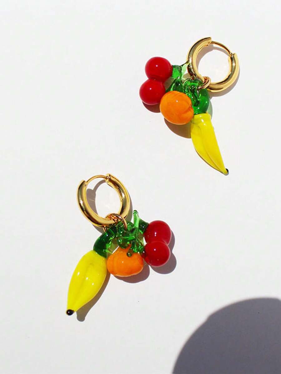 2 件装夏季新款可爱玻璃南瓜香蕉樱桃水果不锈钢圆环吊坠耳环适合女士日常佩戴 - 水果 - 查看 1