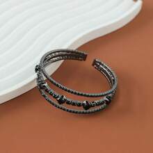 1pc Minimalist Open-Ended Rhinestone & Zirconia Threeline Black Bracelet, Suitable For Women's Daily Wear - Black - View 5