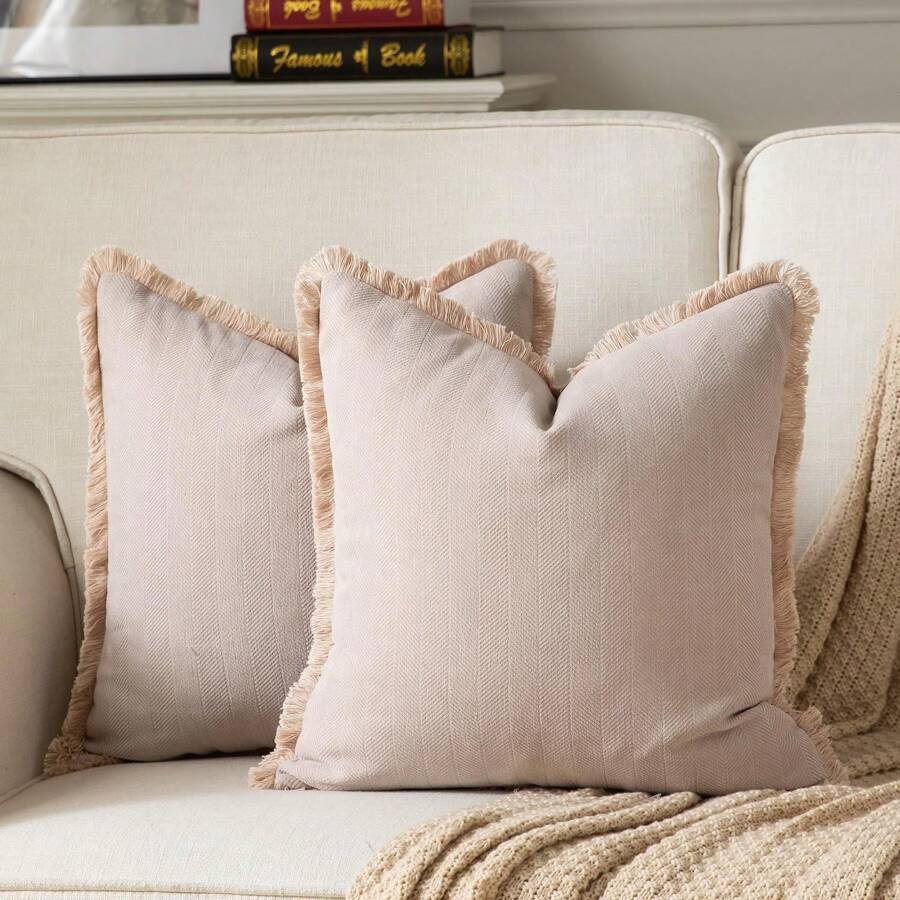 1pc Chenille Tassel Decorative Throw Pillow Cover, Minimalist & Fashionable, Suitable For Summer - Dirty Powder - View 1