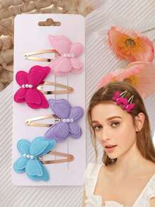 4pcs/Set Double-Layer Pearl Bow Hairclips, Seamless BB Clips Set, Handmade Fabric Edged Hair Clips, Cute Girl's Hair Accessories, Suitable For Daily Wear, Colorful Butterfly Hairpins