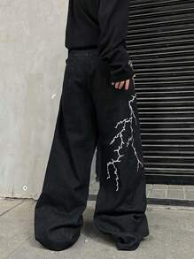 1 stuk heren losse pasvorm bliksem borduurwerk flared jeans, vintage Americana hiphop streetwear