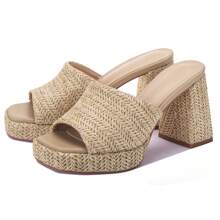 Women's Raffia Wedge Sandals With Chunky Platform Heel, Slide-On Open Toe High Heels For Summer, Great For Casual, Beach, And Everyday Wear Lightweight Design - Màu be - Xem 2