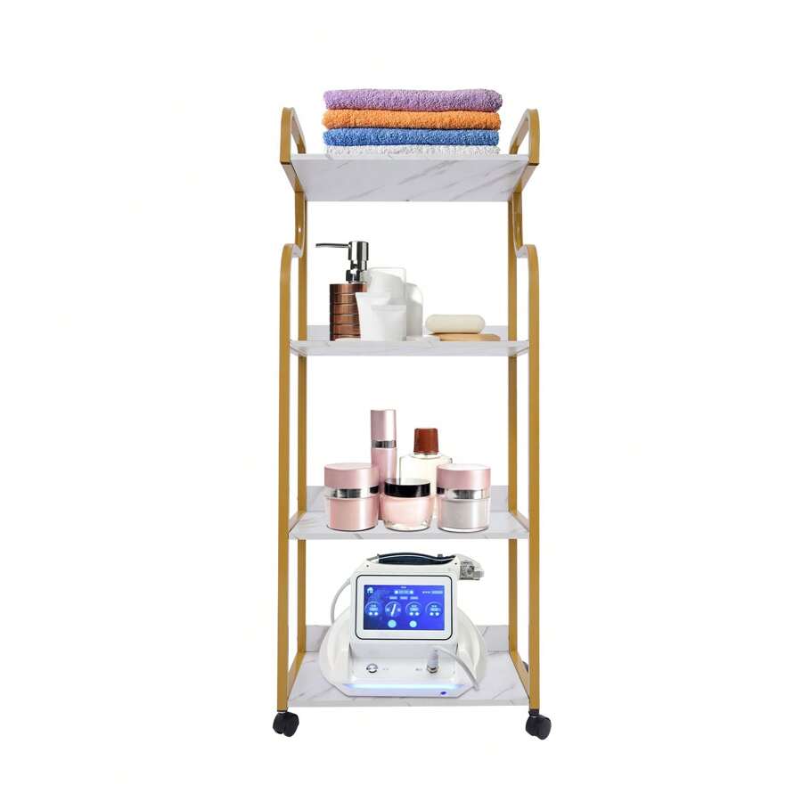 Shangmakel 4-Tier Gold Steel Frame With White Texture Tool Cart (Top Tier With Guardrail) -- Suitable For Bathroom, Cloakroom, Bedroom, Living Room, And Hallway Storage Outdoor Decor - White Gold - View 1
