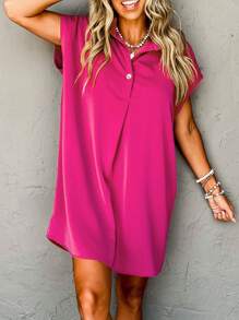 Vestito estivo da donna a maniche corte, con collo a bottoni, taglio morbido, fluido e casual, con tasche, adatto per spiaggia e uso quotidiano - Fucsia - Visualizzare 6