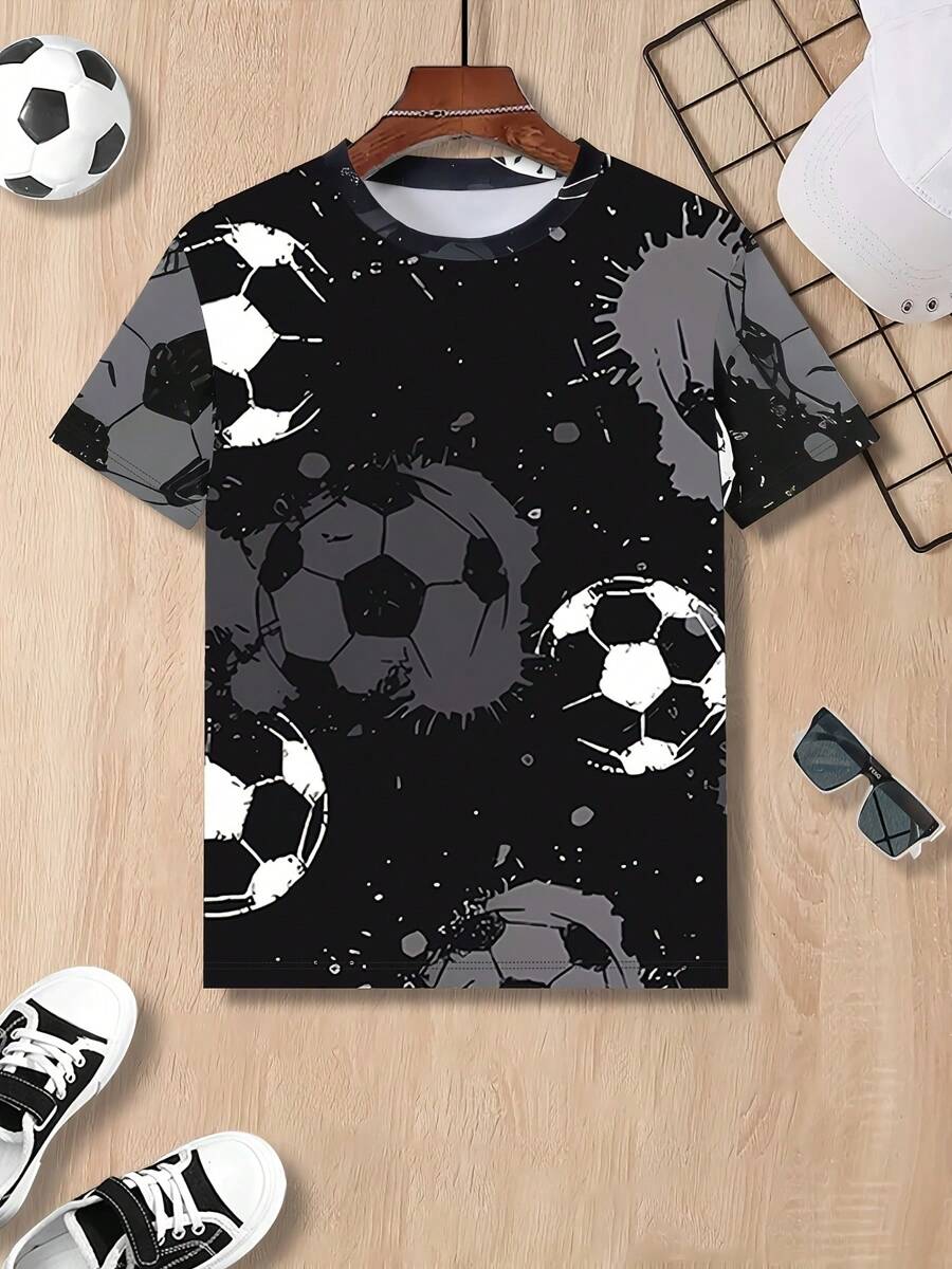 Toddler Boys' Soccer Graphic Print Crew Neck Short Sleeve T-Shirt, Casual Sports Wear - Black - View 1