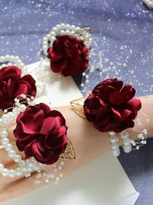 4pcs/Set Wine Red Bride Bridesmaid Wrist Corsage Elastic Faux Pearl Bracelet, For Weddings, Parties, Banquets Valentine's Day Accessories