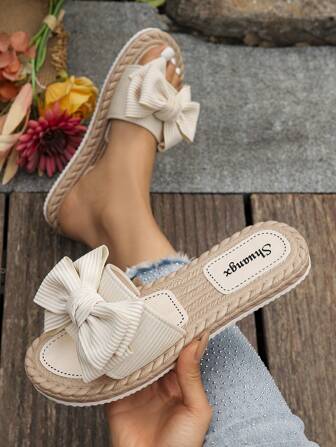 女士蝴蝶结装饰平底凉鞋，轻便夏季女士拖鞋，防滑女士沙滩鞋，露趾女士鞋，一脚蹬女士凉鞋