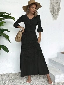 Elegant Women's Fashion Casual V-Neck Long Sleeve Knit Dress, All-White Summer Beach Vacation Style, Minimalist Vintage Coin Design, Slim Fit Hollow-Out, Random Print Pattern, Suitable For Back To School Season, Autumn/Winter Women's Clothing, Long Party Dress For Christmas, Thanksgiving And New Year - Black - View 5