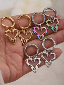 1pair Punk Style Heart Shaped Stainless Steel Pendant Earrings, Hip Hop Y2K Accessories, Suitable For Women's Daily Wear Jewelry Valentines