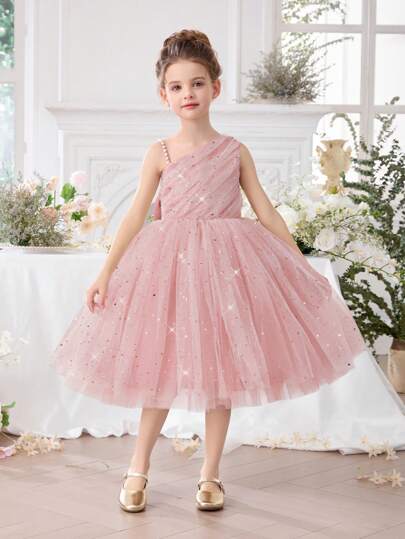 Young Girl Spaghetti Strap Asymmetric Neck Beaded Sequin Floral Mesh Princess Dress, Suitable For Birthday Gift, Party, Prom, School Stage Performance, Important Festival