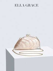 ELLA GRACE-Exquisite Bags With Shell-Inspired Designs - Distinctive Textures. Adorned With Two Pearls On Top, Stylish And Colorful - Ideal For Formal Dresses And Occasions, Also Great As Gifts For Parties, Weddings, Valentine's Day, Year-End Parties, Elegant Shell Bag,Perfect For Parties, Dinners & Banquets, Matches Wedding Dresses, Formal Wear, Prom Gowns, Birthday Outfits & Women's Party Attire - Beige - View 8